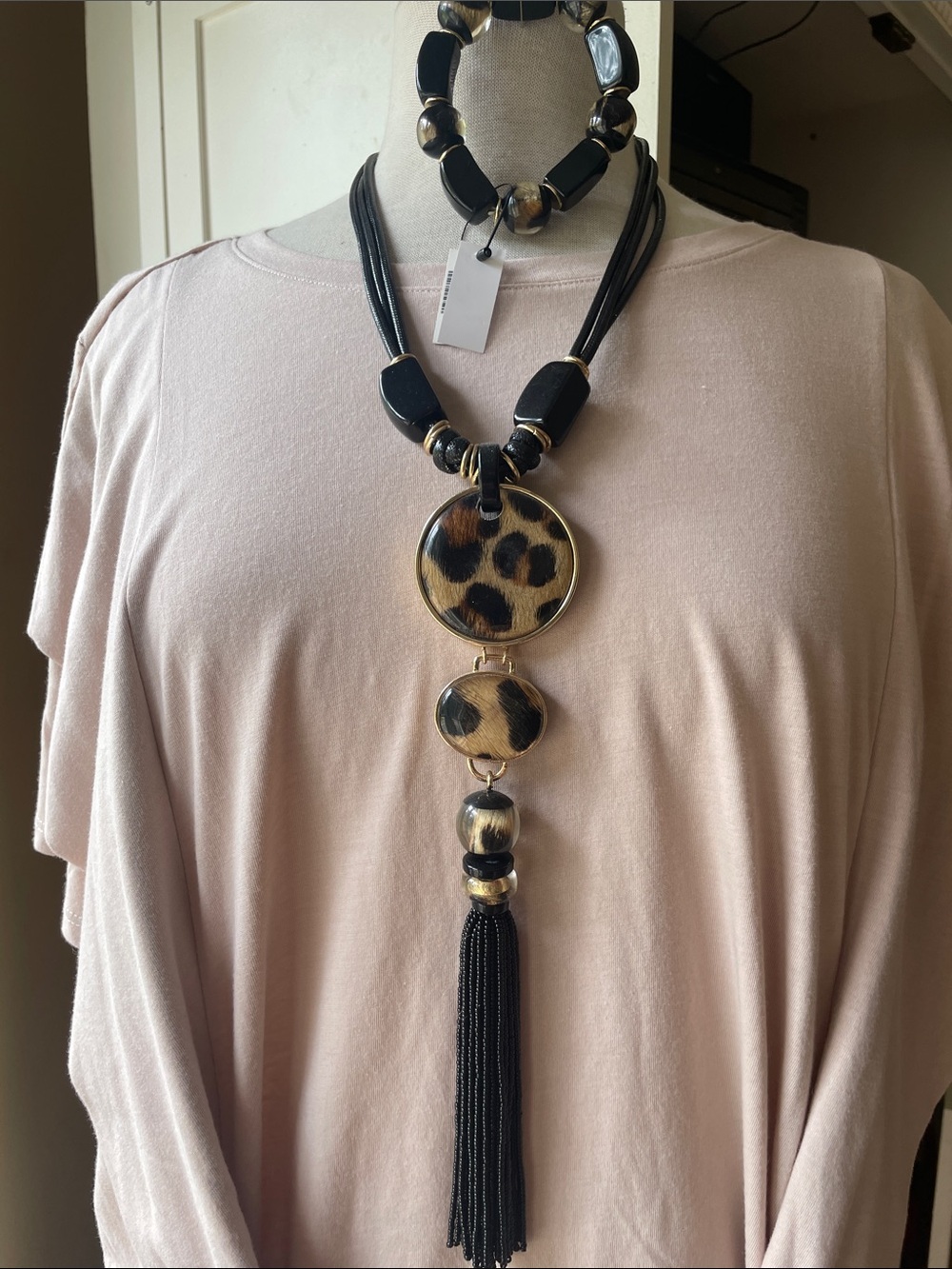 Chico’s NWT Animal Pattern Tassel Statement Necklace & Bracelet- Black and Gold